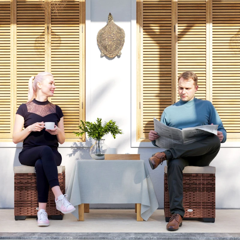 Best Set of 2 Rattan Storage Ottoman, Outdoor Footstool with Removable Cushions, Garden Storage Seat for Balcony, Poolside, Living Room, Beige - Image 2