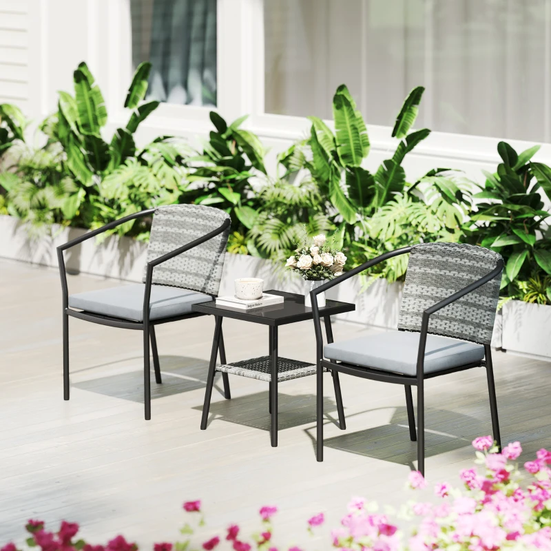 Best 3 Pieces Rattan Bistro Set with Cushions, Wicker Garden Furniture Set, Glass Top Coffee Table and Chairs for Outdoor Patio, Balcony, Terrace and Conservatory, Grey - Image 7