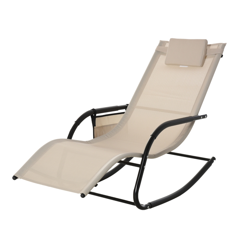 Best Outdoor Garden Rocking Chair, Patio Sun Lounger Rocker Chair with Breathable Mesh Fabric, Removable Headrest Pillow, Armrest, Side Storage Bag, Cream White - Image 11