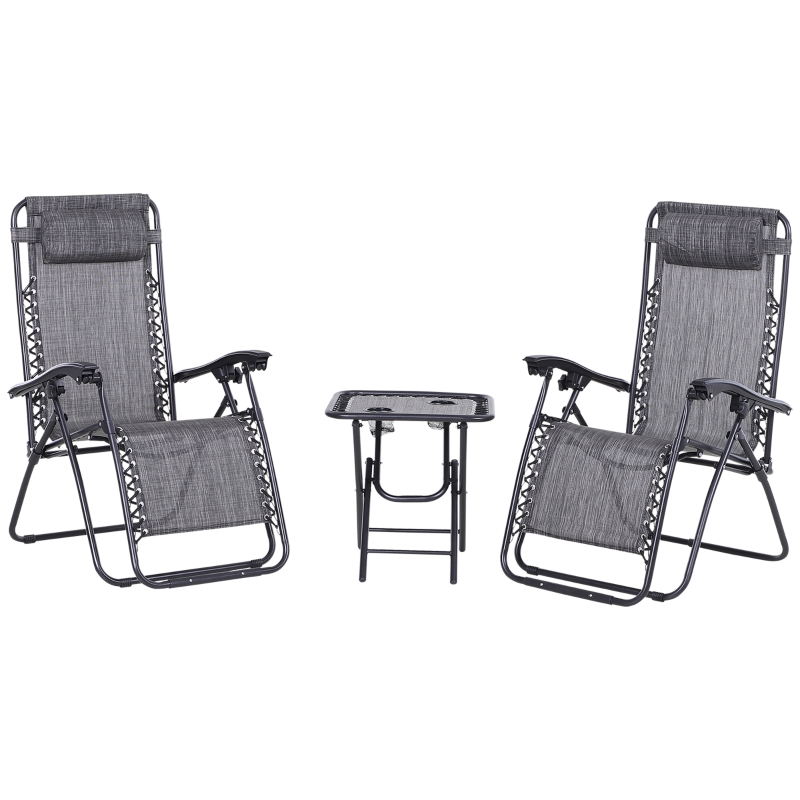 Best 3pcs Folding Zero Gravity Chairs Sun Lounger Table Set w/ Cup Holders Reclining Garden Yard Pool, Light Grey - Image 12