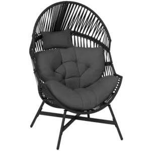 Best Rattan Egg Chair, Oversized Freestanding Garden Egg Chair with Thick Tufted Cushion, Headrest, Steel Frame for Indoor and Outdoor Use, Charcoal Grey