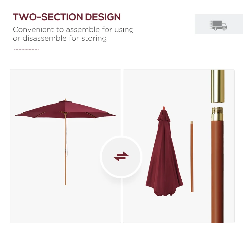 Best 3(m) Garden Parasol, Pulley Operated Patio Umbrella, Wooden Table Market Umbrella with Rope Pulley Mechanism and 8 Ribs, Wine Red - Image 7