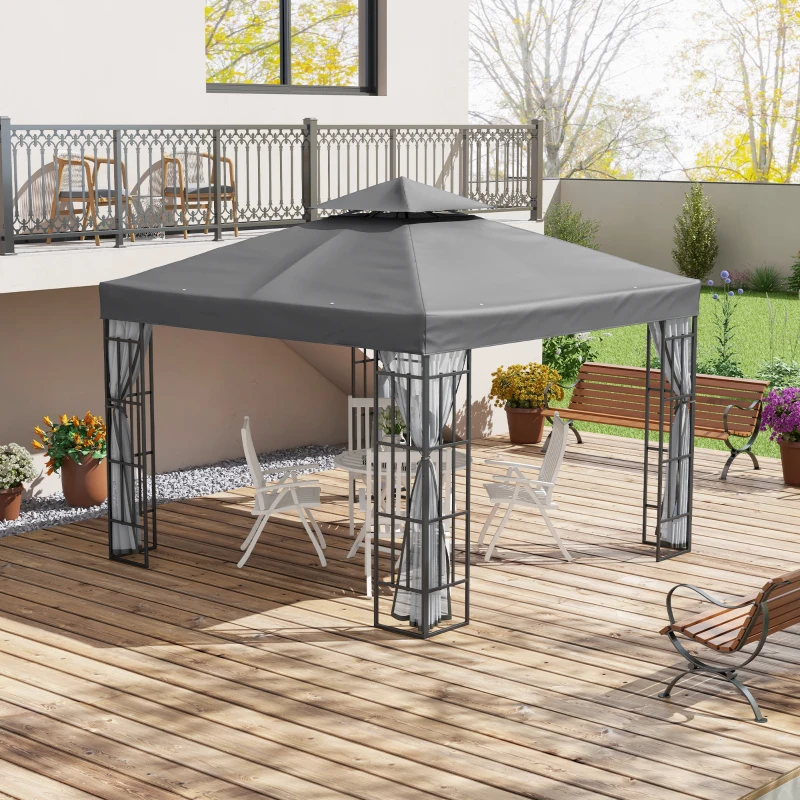 Best 3 x 3(m) Patio Gazebo Canopy Garden Pavilion Tent Shelter with 2 Tier Roof and Mosquito Netting, Steel Frame, Grey - Image 2
