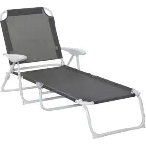 Best Foldable Sun Lounger, Outdoor 4 Level Adjustable Backrest Reclining Lounge Chair with Armrests for Patio, Garden, Dark Grey