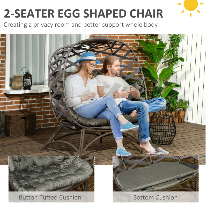 Best 2 Seater Egg Chair Outdoor, Folding Weave Garden Furniture Chair with Cushion, Cup Pockets - Sand Brown - Image 5