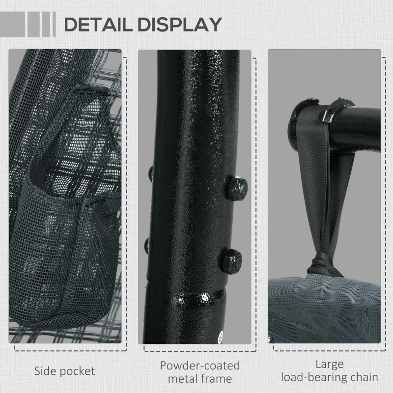 Best Outdoor Swing Chair with Thick Padded Cushion, Patio Hanging Chair with Metal Stand, Egg Chair with Foldable Basket, Cup Holder, for Indoor and Outdoor, Dark Grey - Image 7