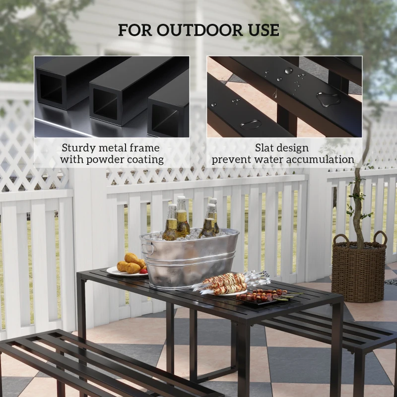 Best 3 Pieces Picnic Bench Set with Table and 2 Benches, Slated Design Dining Trestle Beer Table and Seat, Black - Image 4
