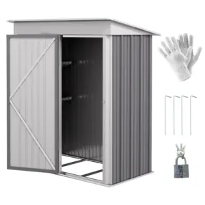 Best Metal Garden Shed, Outdoor Lean-to Shed for Tool Motor Bike, with Adjustable Shelf, Lock, Gloves, 5'x3'x6', Grey