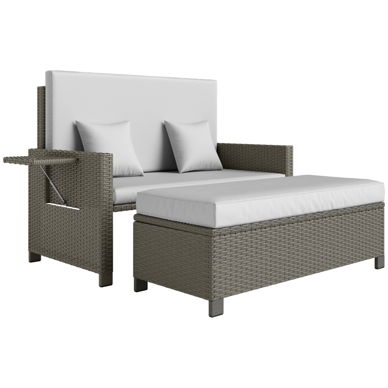 Best Rattan Day Bed, with Footstool - Light Grey - Image 10