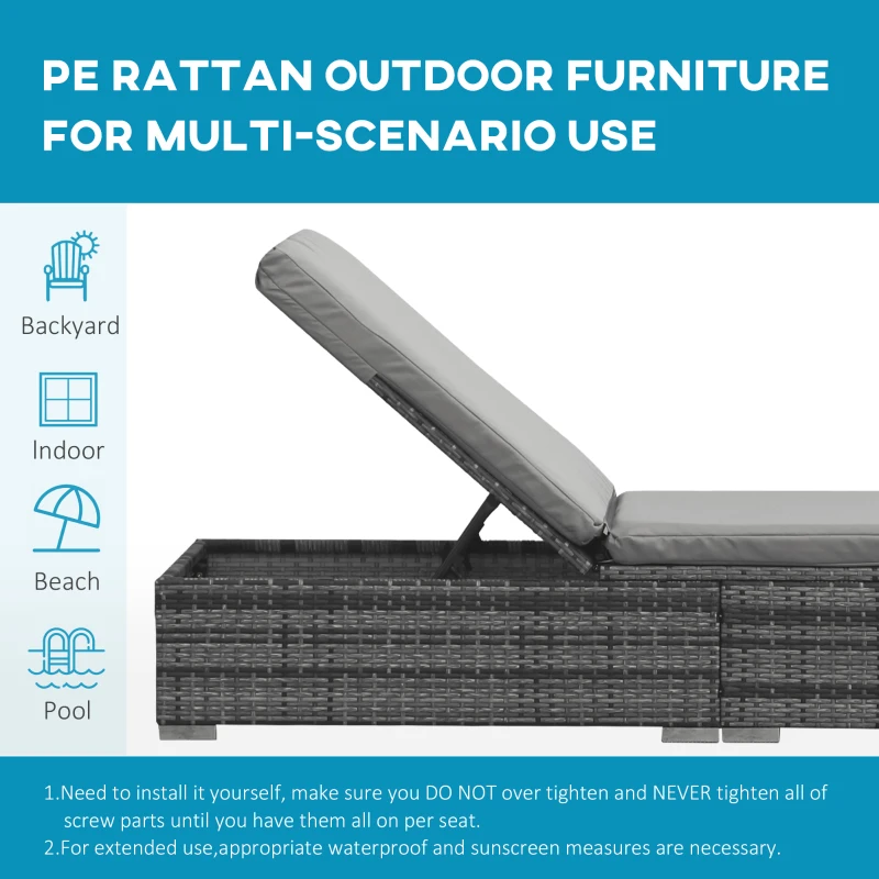 Best PE Rattan Sun Loungers with Cushion, Outdoor Garden Sunbed Furniture with 5-Level Recliner Backrest, and Armrest, Set of 2, Grey - Image 7