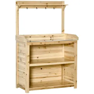 Best Garden Potting Bench Table, Wooden Workstation Bench w/ Galvanized Metal Tabletop, Storage Shelves and Hooks, Natural