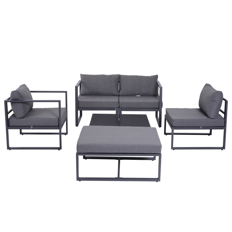 Best 6 PCs Outdoor Indoor Sectional Sofa Set Thick Padded Cushions Aluminium Frame 5 Seaters 1 Coffee Table Footrest Grey - Image 11