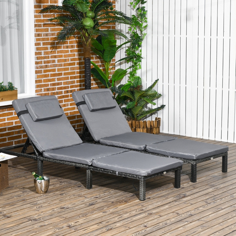 Best Set of Two Reclining Rattan Sun Loungers, with Cushions - Grey - Image 10