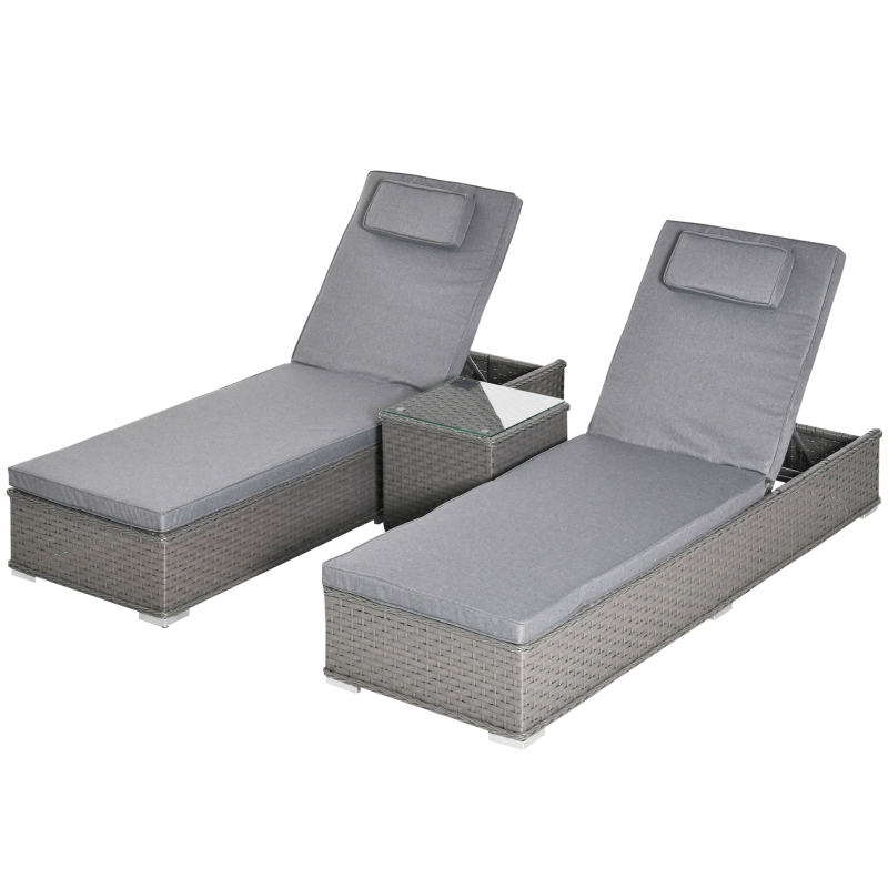 Best 3 Pieces Rattan Sun Lounger Set with Aluminium Frame, 5-Position Adjustable Reclining Garden Chairs and Glass Top Table, Wicker Garden Furniture Daybed with Cushions for Patio, Grey - Image 11