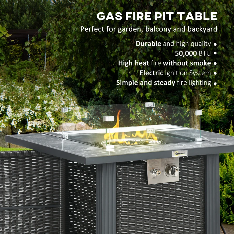 Best Outdoor PE Rattan Gas Fire Pit Table, Patio Square Propane Heater with Marble Desktop, Rain Cover, Glass Windscreen, and Glass Stones, 50,000 BTU, Black - Image 4