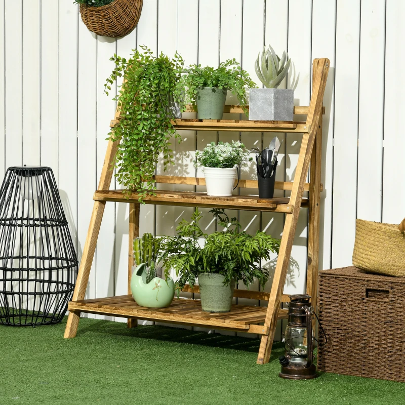 Best Wooden Folding Flower Pot Stand 3 Tier Garden Planter Display Ladder Gardener Storage Shelves Rack Herb Holder (80L x 37W x 93H cm) - Image 2