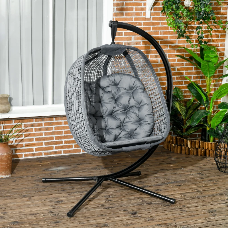 Best Outdoor Swing Chair with Thick Padded Cushion, Patio Hanging Chair with Metal Stand, Egg Chair with Foldable Basket, Cup Holder, for Indoor and Outdoor, Dark Grey - Image 2
