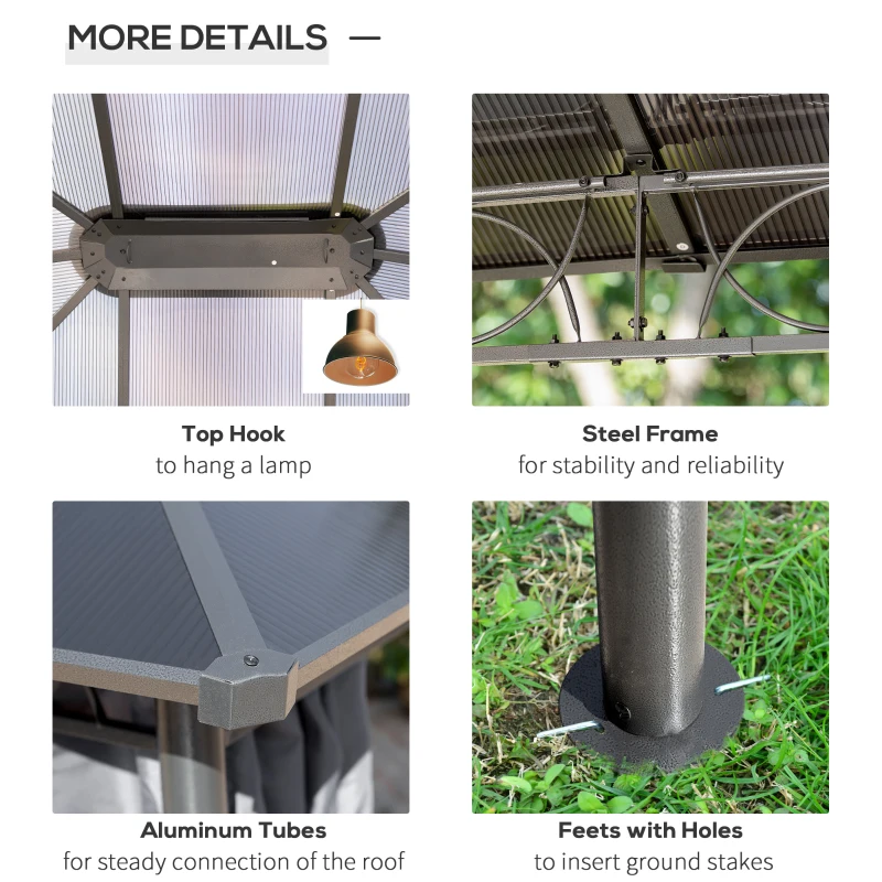 Best 3 x 3.6m Hardtop Gazebo Canopy with Polycarbonate Roof, Permanent Pavilion Garden Gazebo with Curtains for Patio, Deck, Grey - Image 6