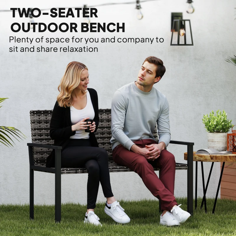 Best 2 Seater Rattan Garden Bench, Outdoor Bench with Quick-Drying Cotton Padding, Wicker Garden Loveseat with Armrests, Steel Frame for Patio, Park, Mixed Grey - Image 4