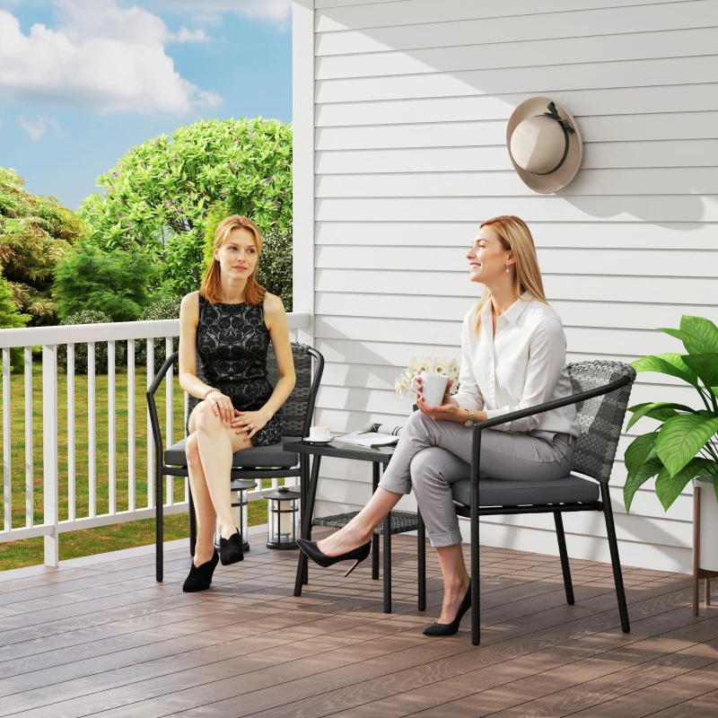 Best 3 Pieces Rattan Bistro Set with Cushions, Wicker Garden Furniture Set, Glass Top Coffee Table and Chairs for Outdoor Patio, Balcony, Terrace and Conservatory, Grey - Image 2