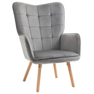 Best Modern Accent Chair, Upholstered Tufted Wingback Armchair with Seat Padding, Velvet Leisure Lounge Bedroom Chair with Wood Legs, Grey