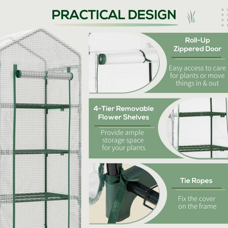 Best 4 Tier Mini Greenhouse, Portable Compact Green House with Steel Frame, PE Cover, Roll-up Door, 70 x 50 x 160 cm, White - Image 6