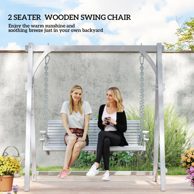 Best 2 Seater Garden Swing Seat, Wooden Swing Chair Bench with Cup Holders for Outdoor Porch Patio, Grey - Image 4
