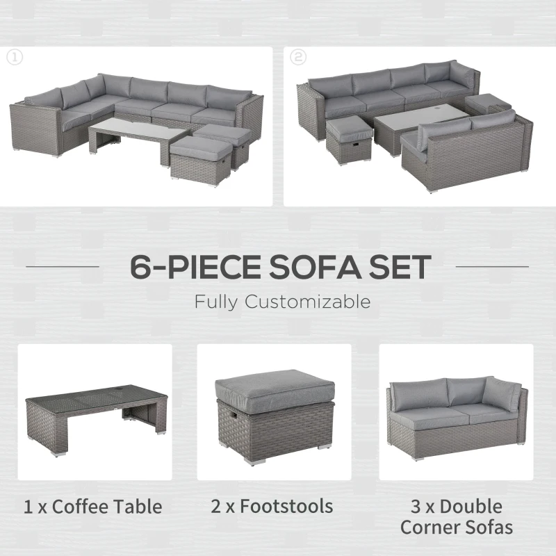 Best 6 Pieces Outdoor PE Rattan Wicker Corner Sofa Set with 10cm Thick Padded Cushions, Aluminium Conservatory Furniture with Glass Top Coffee Table, Footstools, Grey - Image 6