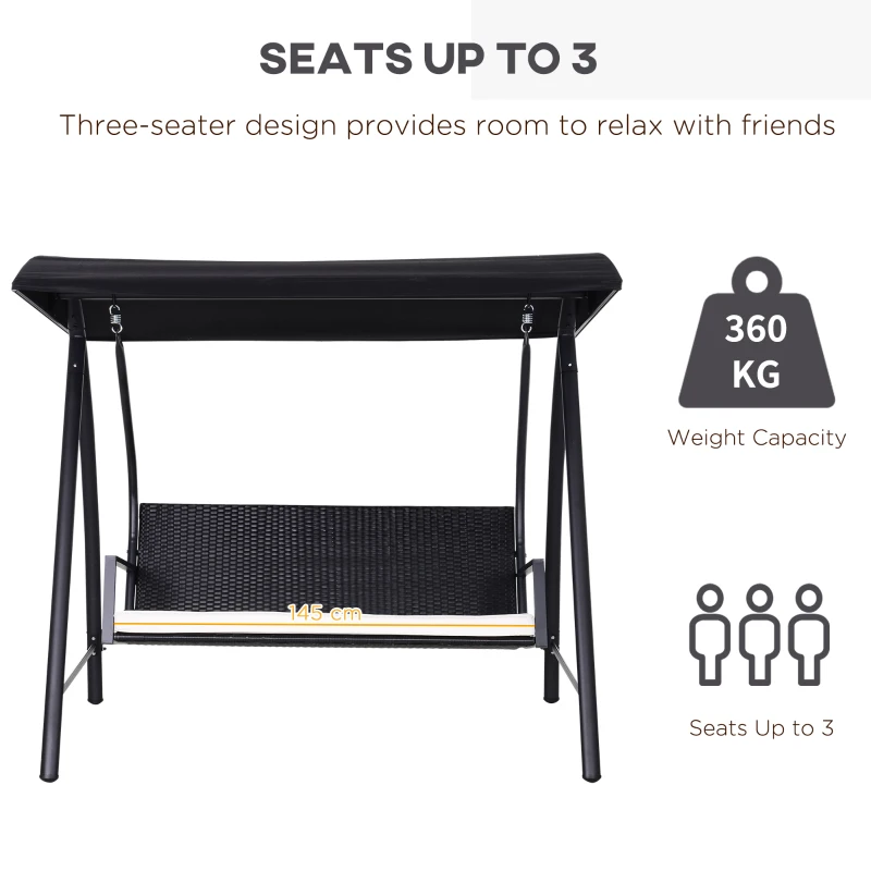 Best Rattan Garden Swing Chair 3-Seater Black - Image 5