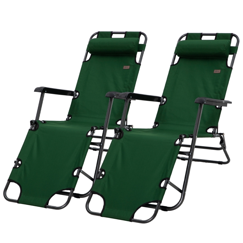 Best 2 Pack 2 in 1 Sun Lounger Folding Reclining Chairs Garden Outdoor Camping Adjustable Back with Pillow, Green - Image 11