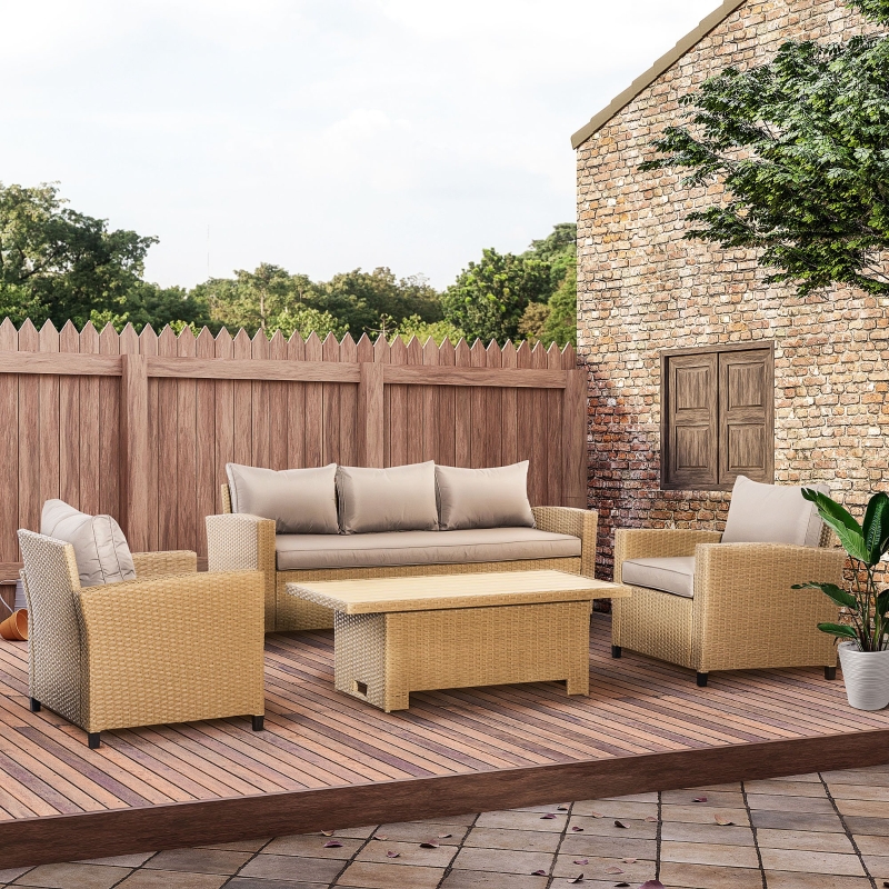 Best 4 PCS Outdoor PE Rattan Sofa Set, Patio Twin Wicker Aluminium Frame Conversation Furniture w/ Adjustable Wood Grain Plastic Table-top Table & Thick Cushion for Garden, Backyard, Lawn, Khaki - Image 10